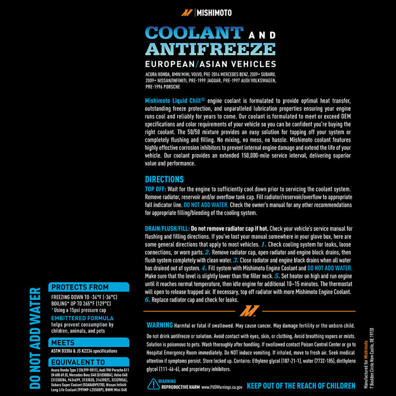 Refrigerante Liquid Chill EG de Mishimoto, vehículos europeos y asiáticos, color azul