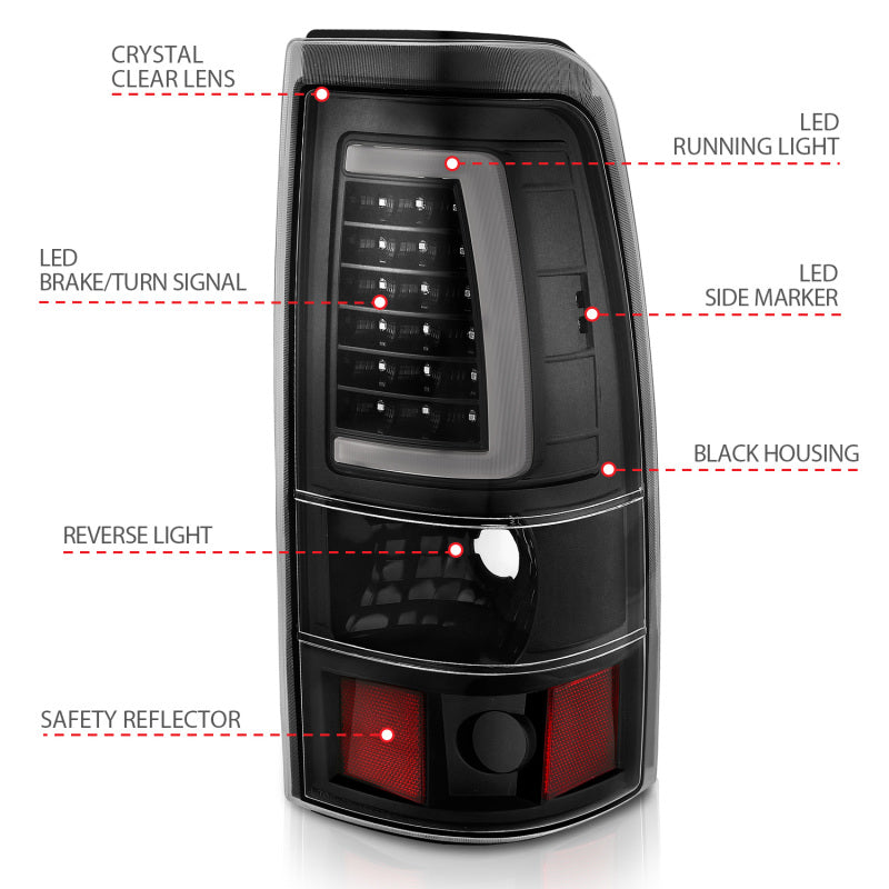 ANZO 1999-2002 Chevy Silverado 1500 LED-Rücklichter, Plank Style, schwarz, mit klarer Linse