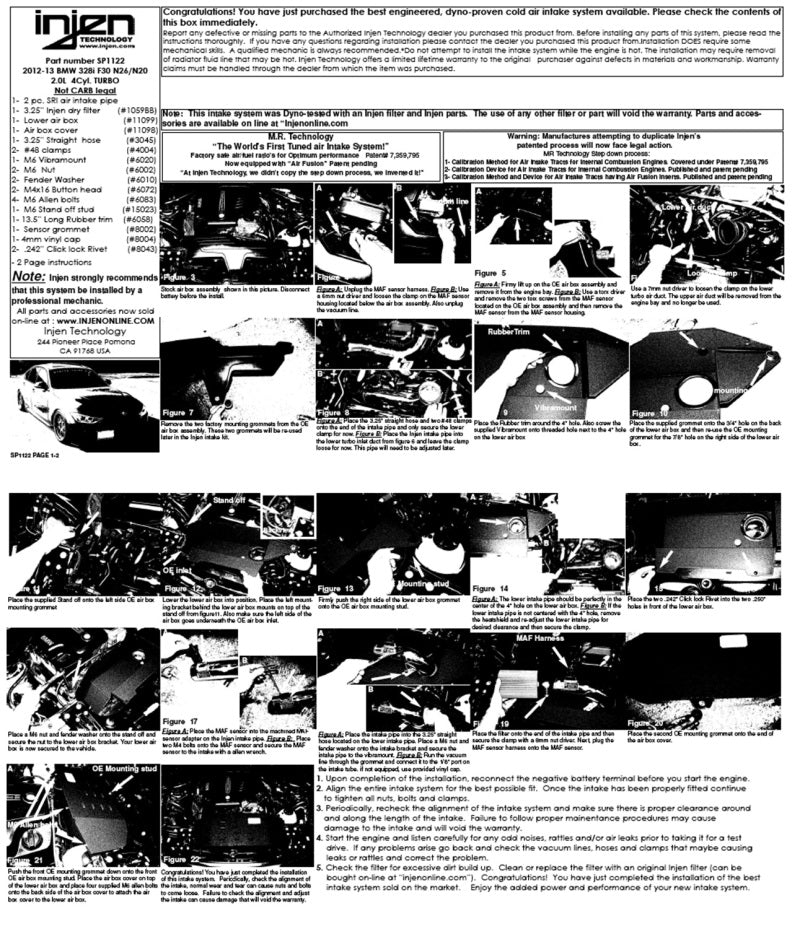 Injen 12-16 BMW 328i F30 N20/N26 2.0L (t) 4cyl Wrinkle Black Short Ram Intake con MR Tech y caja de aire