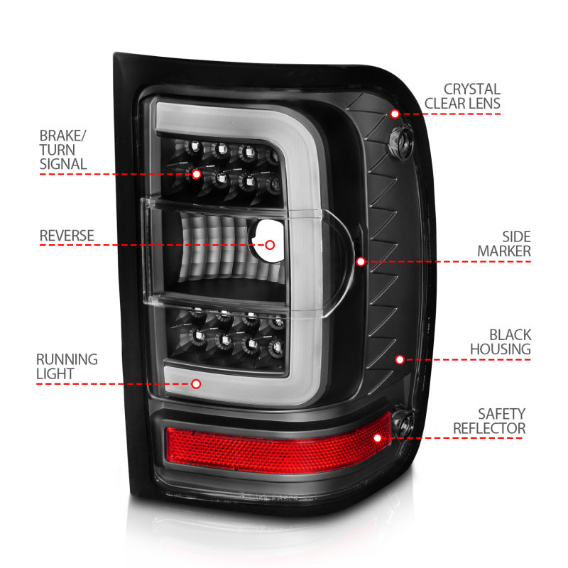 ANZO 2001-2011 Ford Ranger LED-Rücklichter mit Lichtleiste, schwarzes Gehäuse, klare Linse