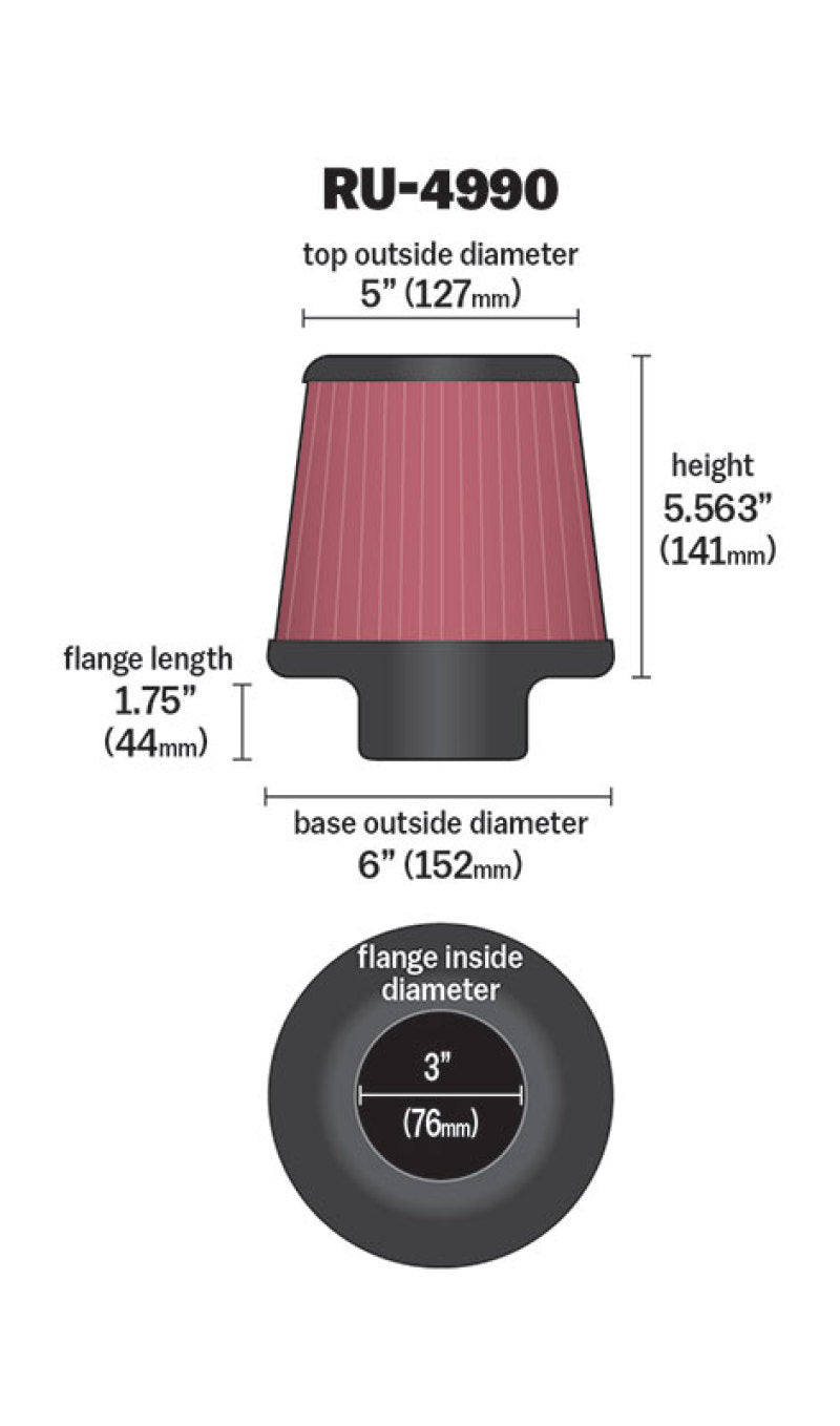 K&N Filter Universal Rubber Filter-Rd Tapered 3in Flange ID x 6in Base OD x 5in Top OD x 5.563in H