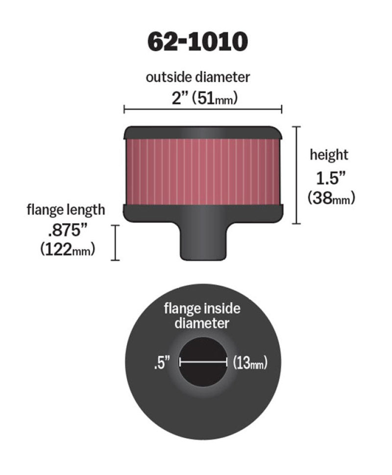 K&amp;N Kurbelgehäuse-Entlüftungsfilter mit Stahlsockel, 0,5 Zoll Entlüftungsaußendurchmesser x 2 Zoll Außendurchmesser x 1,5 Zoll Höhe