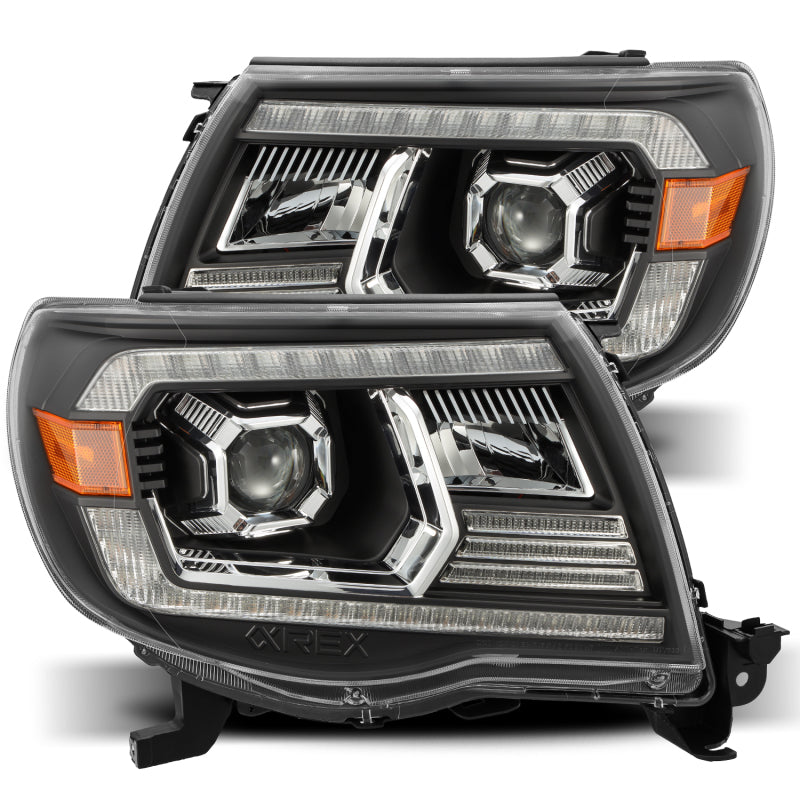 Faros delanteros tipo proyector AlphaRex 05-11 Toyota Tacoma PRO-Series con diseño estilo tablón en color negro y luces de circulación diurna
