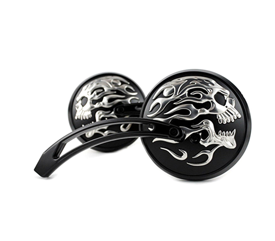 Round Skull Flame Mirror Set Curved Stems Black For Harley-Davidson