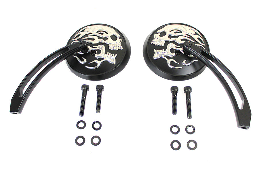 Set de Espejos Redondo Skull Flame Vástagos Curvos Negro Para Harley-Davidson