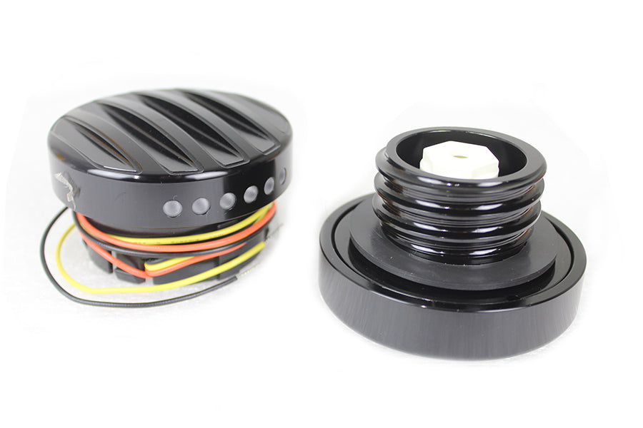 Schwarzes LED-Tankanzeige- und Tankdeckel-Set im gerippten Stil für Harley-Davidson