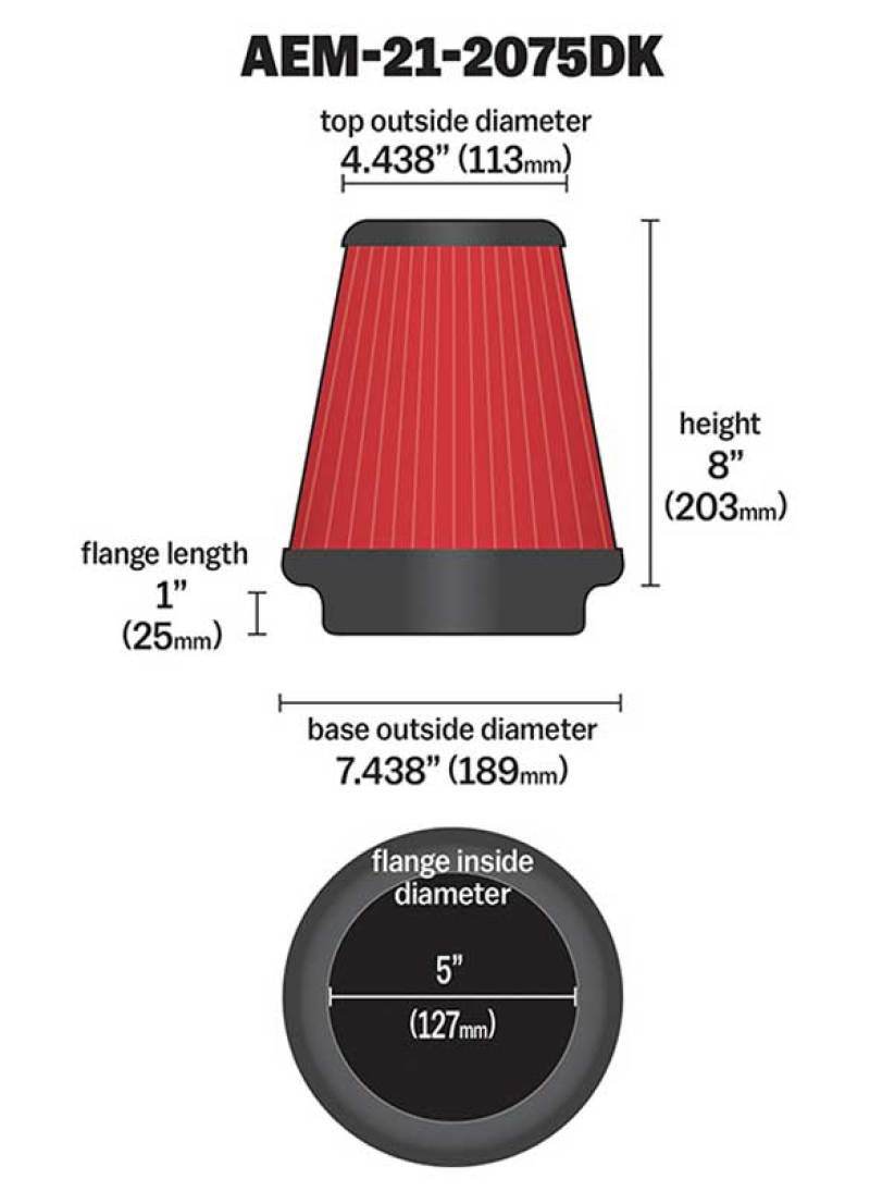 Filtro de aire de flujo seco AEM de 5 pulgadas con elemento de 8 pulgadas