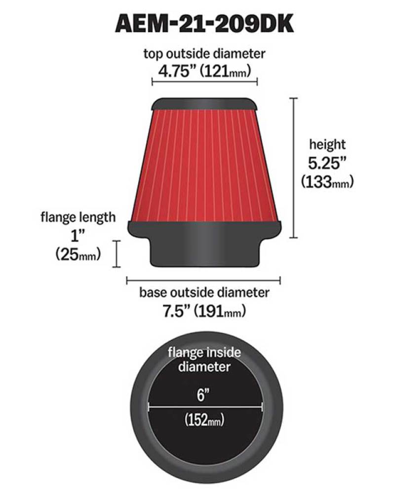 Filtro de aire cónico DryFlow de 6 x 5 pulgadas de AEM