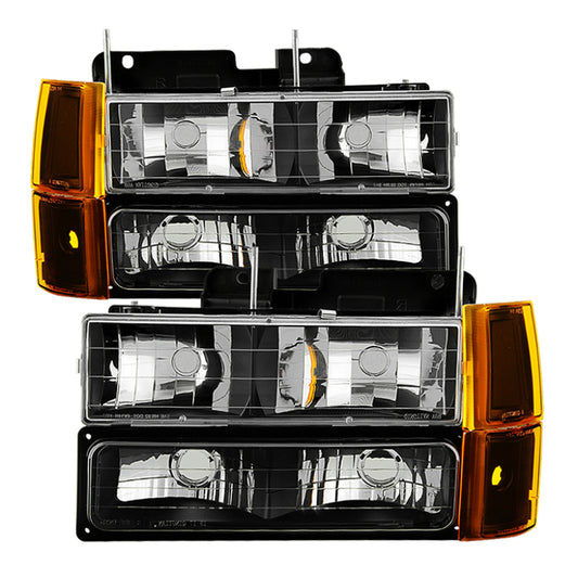 Juego de 8 faros delanteros Xtune GMC Yukon 94-99 con luces de estacionamiento y de esquina, color negro HD-JH-GCK94-AM-BK-SET