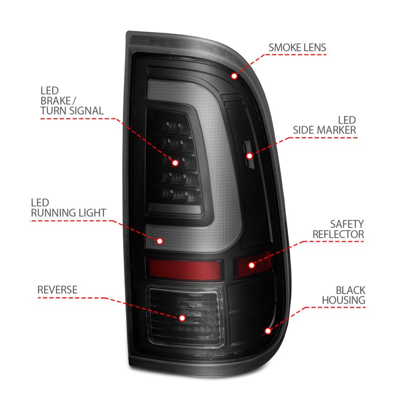 ANZO 2008-2016 Ford F-250 LED-Rücklicht mit Lichtleiste, schwarzes Gehäuse, getönte Linse