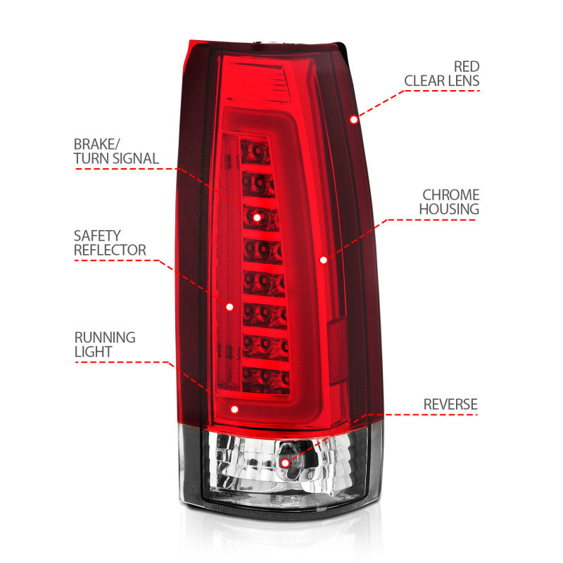 ANZO 1999-2000 Cadillac Escalade LED-Rücklichter, Chromgehäuse, rote/klare Linse, Paar