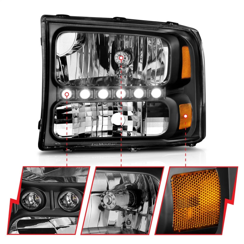 ANZO 2000-2004 Ford Excursion Kristallscheinwerfer, schwarz, mit LED, 1 Stück