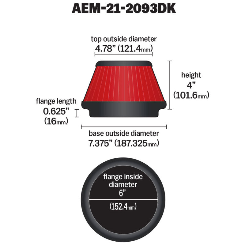 Filtro de aire cónico cónico DryFlow de 6 x 4 pulgadas de AEM