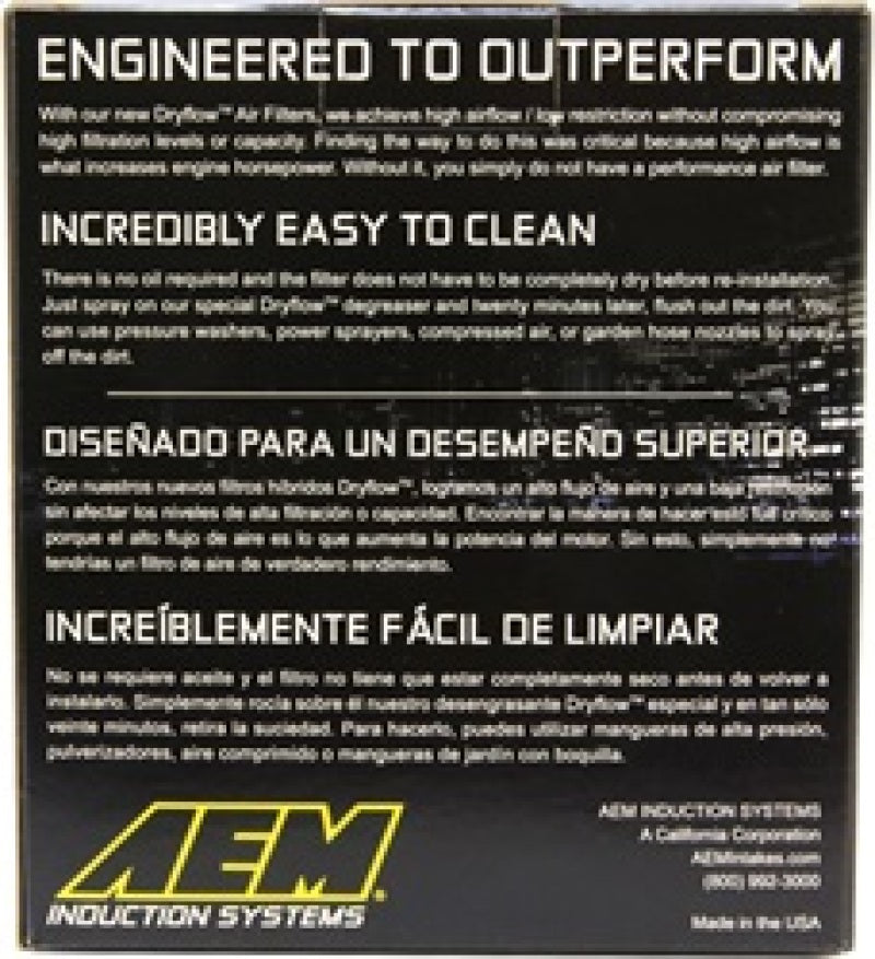 AEM DryFlow Air Filter AIR FILTER KIT 2.75in X 5in DRYFLOW- W/HOLE