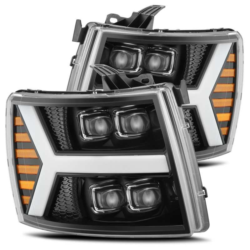 Faros delanteros LED AlphaRex 07-13 Chevy 1500HD NOVA con proyección estilo tablón en negro brillante con luz activa/señal de secuencia