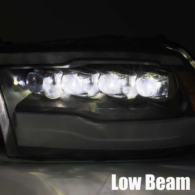 Faros delanteros LED con proyector AlphaRex 09-18 Dodge Ram 1500HD NOVA, diseño estilo tablón, Alpha Black con DRL