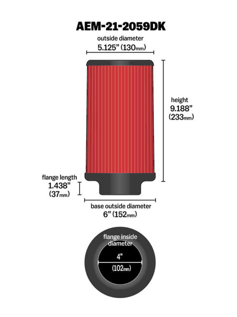 Reemplazo de filtro de elemento de flujo seco AEM de 4 x 9 pulgadas