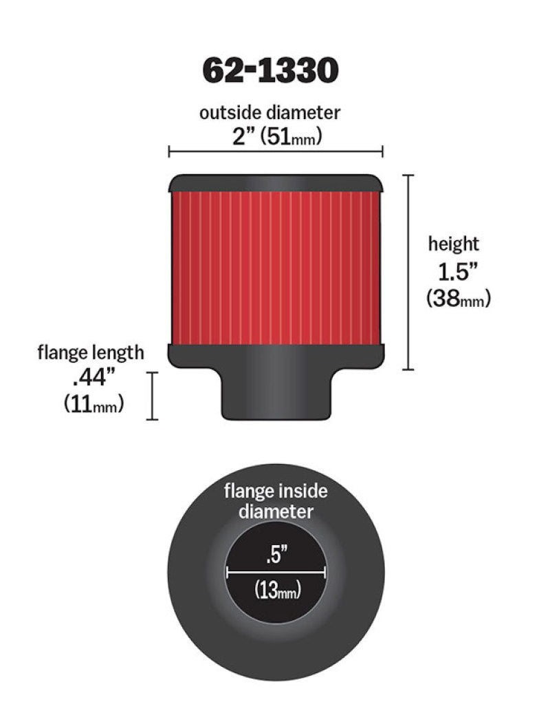 K&amp;N Kurbelgehäuse-Entlüftungsfilter mit Klemme und Gummisockel, 0,5 Zoll Flansch-Innendurchmesser, 2 Zoll Außendurchmesser, 1,5 Zoll Höhe