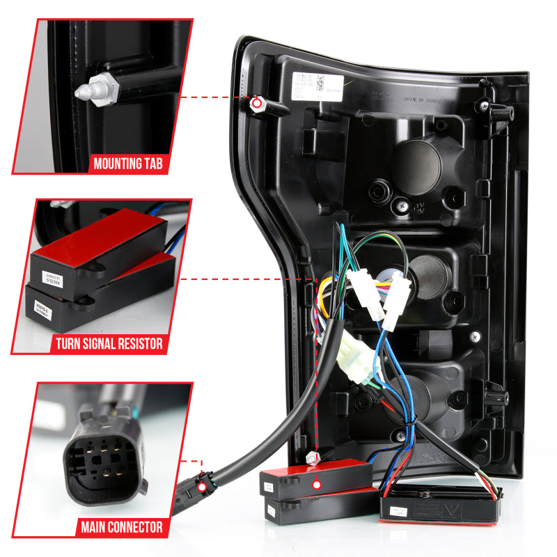 ANZO 18-19 Ford F-150 LED-Rücklicht, schwarzes Gehäuse, klare Linse, rote Lichtleiste mit sequentiellem