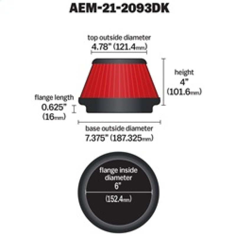 Filtro de aire cónico cónico DryFlow de 6 x 4 pulgadas de AEM