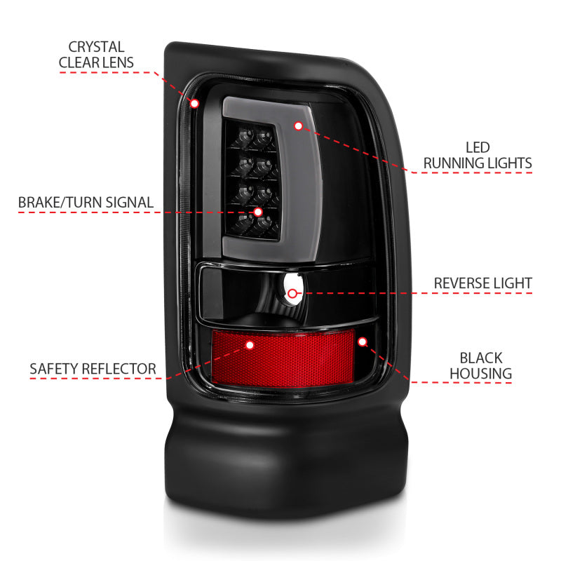 ANZO 1994-2001 Dodge Ram 1500 LED-Rücklichter, Plank Style, schwarz, mit klarer Linse