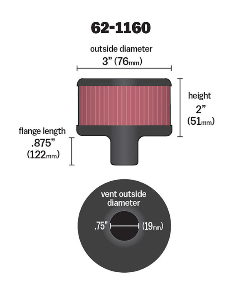 K&amp;N-Filter, 3/4 Zoll Entlüftung, 3 Zoll Durchmesser, 2 Zoll Höhe