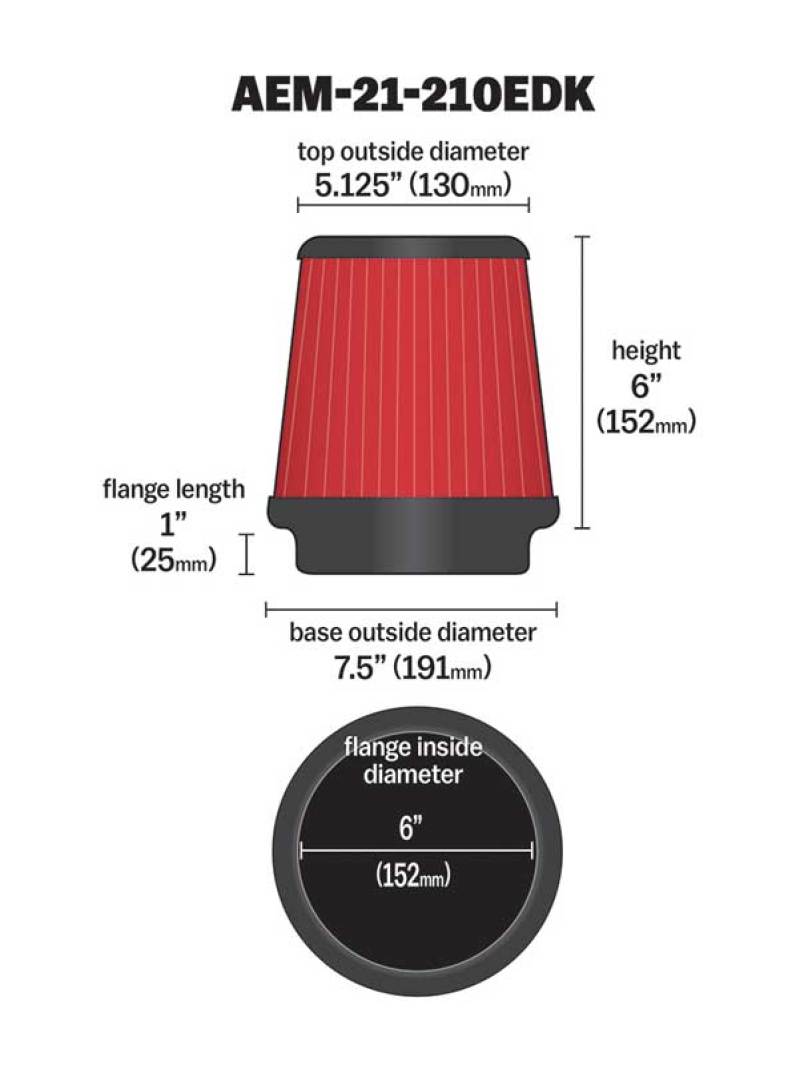 Filtro de aire cónico redondo de 6 x 6 pulgadas AEM Dryflow