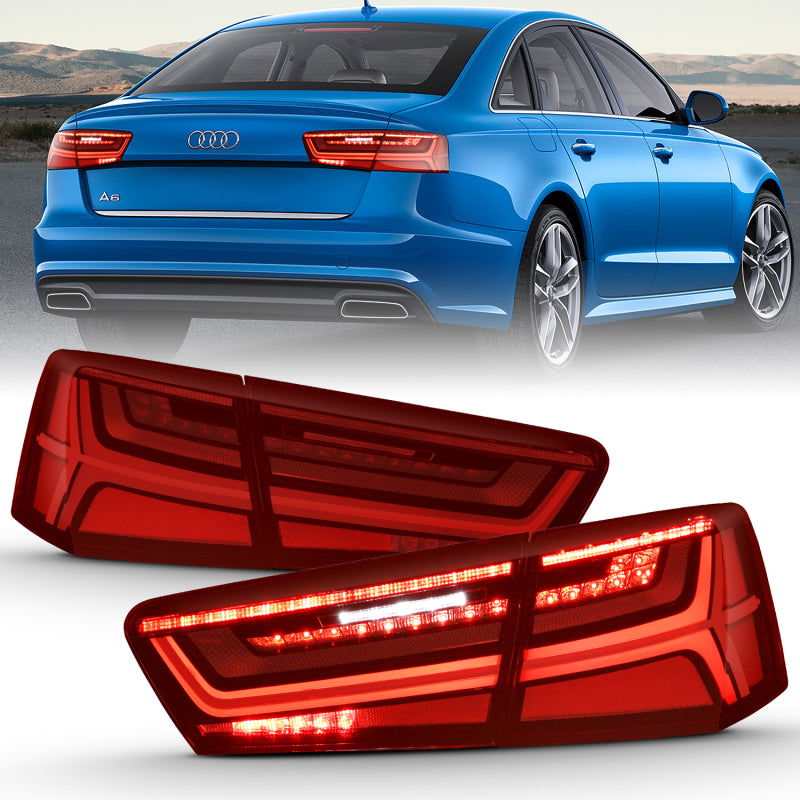 ANZO 2012–2018 Audi A6 LED-Rücklichter, schwarzes Gehäuse, rote/klare Linse, 4 Stück (Sequenzsignal)