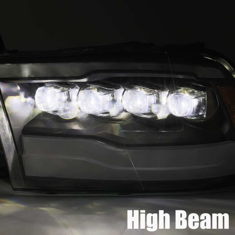 Faros delanteros LED con proyector AlphaRex 09-18 Dodge Ram 1500HD NOVA, diseño estilo tablón, Alpha Black con DRL