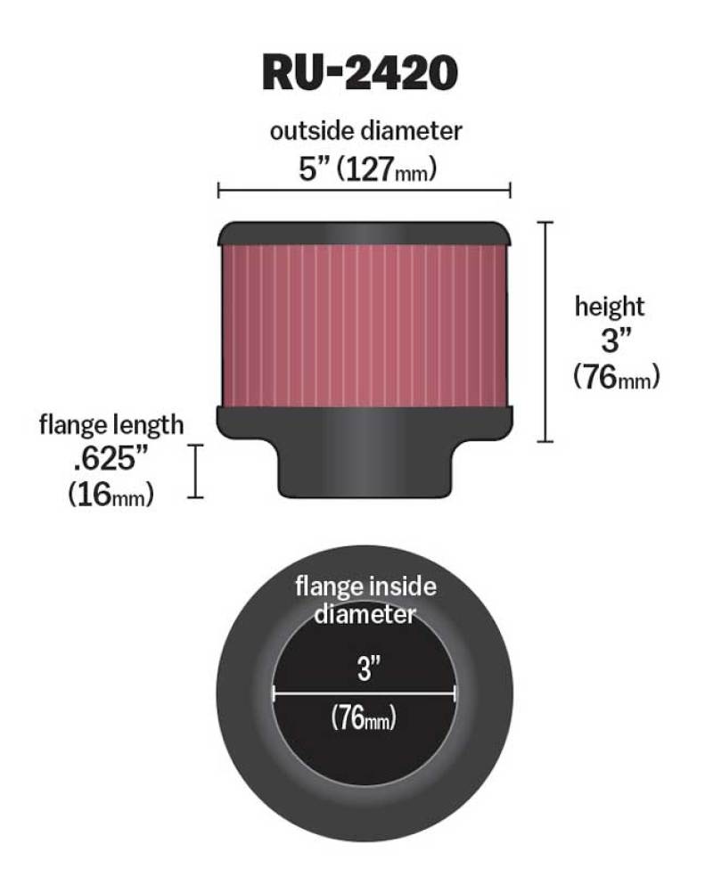 Filtro de goma universal K&amp;N, brida de 3 pulgadas, diámetro exterior de 5 pulgadas, altura de 3 pulgadas