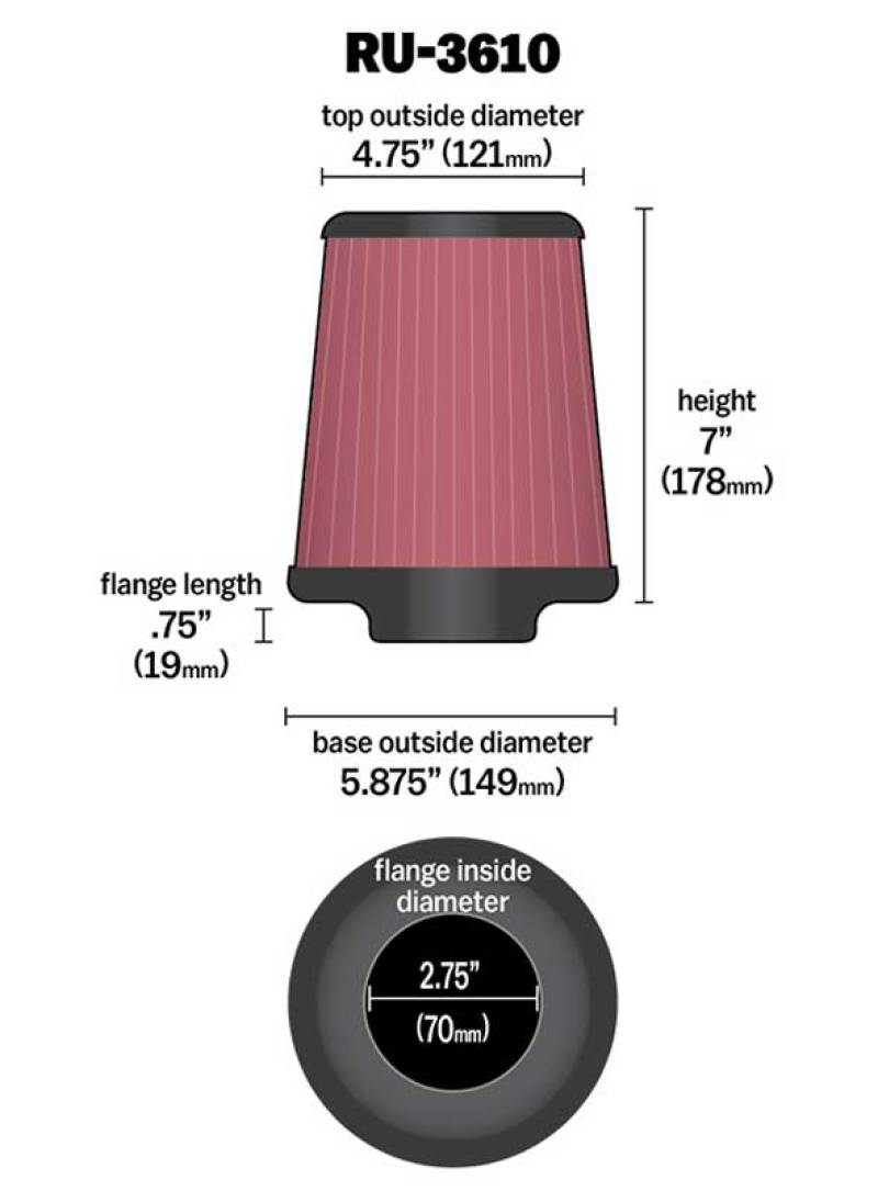 K&N Universal Rubber Filter 2.75in Flange ID x 5.875in Base OD x 4.75in Top OD x 7in Height